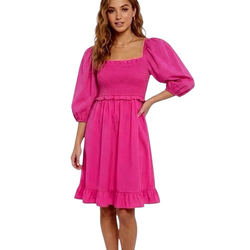 Umgee Hot Pink Smocked Bodice Puff Sleeve Ruffle Dress Size Medium